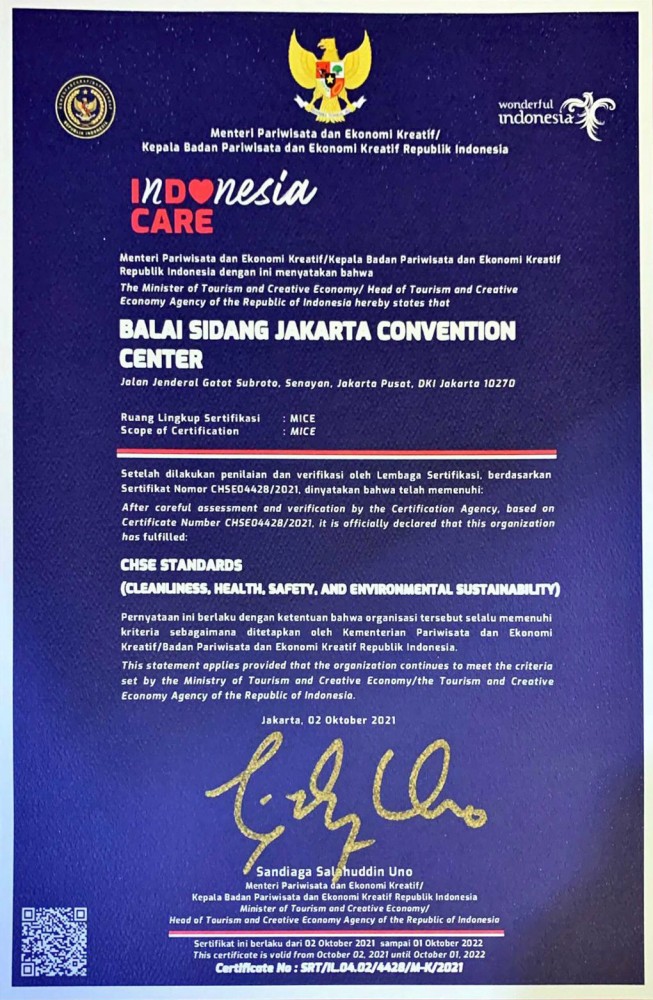 Balai Sidang Jakarta Convention Center has CHSE standards certification
